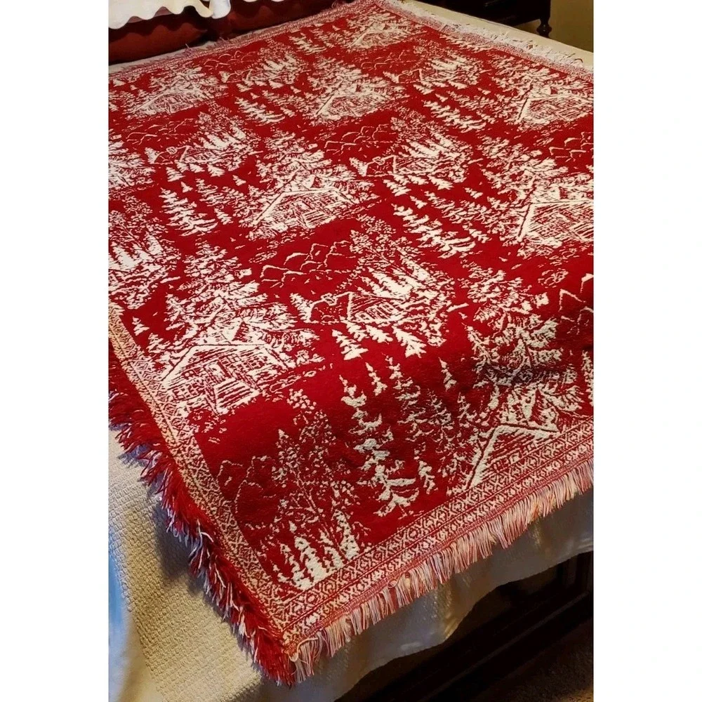 Brooks Brothers Red Chenille Christmas‎ Trees Houses Throw Blanket Fringe 50x70